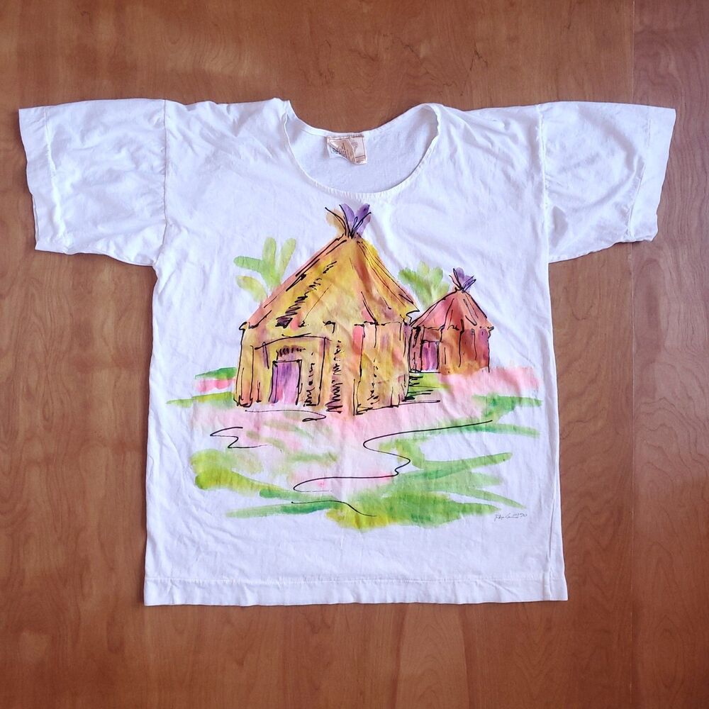 Vintage Hand Painted by Paula T Shirt Womens L Primitive Hut African Village Art
